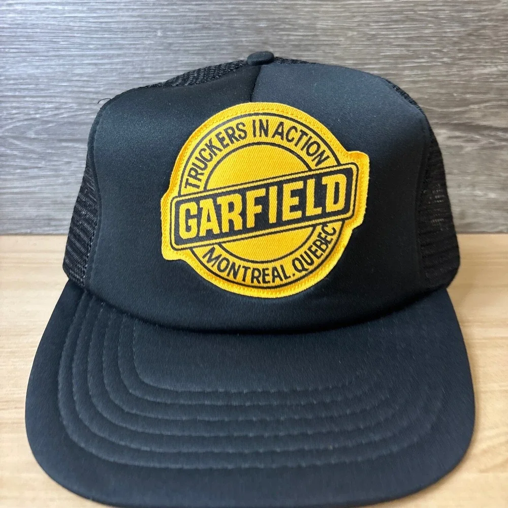 Vintage Garfield Transport Hat Cap Snapback Black Trucker Montreal Quebec‎